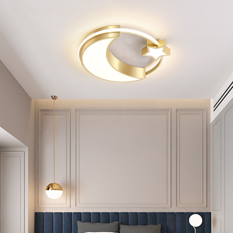 Golden Moon And Star Led Flush Mount: Nordic Acrylic Ceiling Light For Nursery