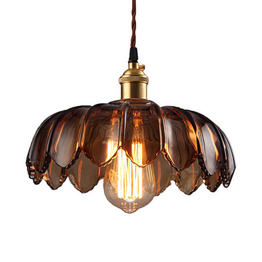 Industrial Scalloped Ceiling Lighting: 1-Light 8’/10’/12’ Wide Brown Glass Hanging Lamp
