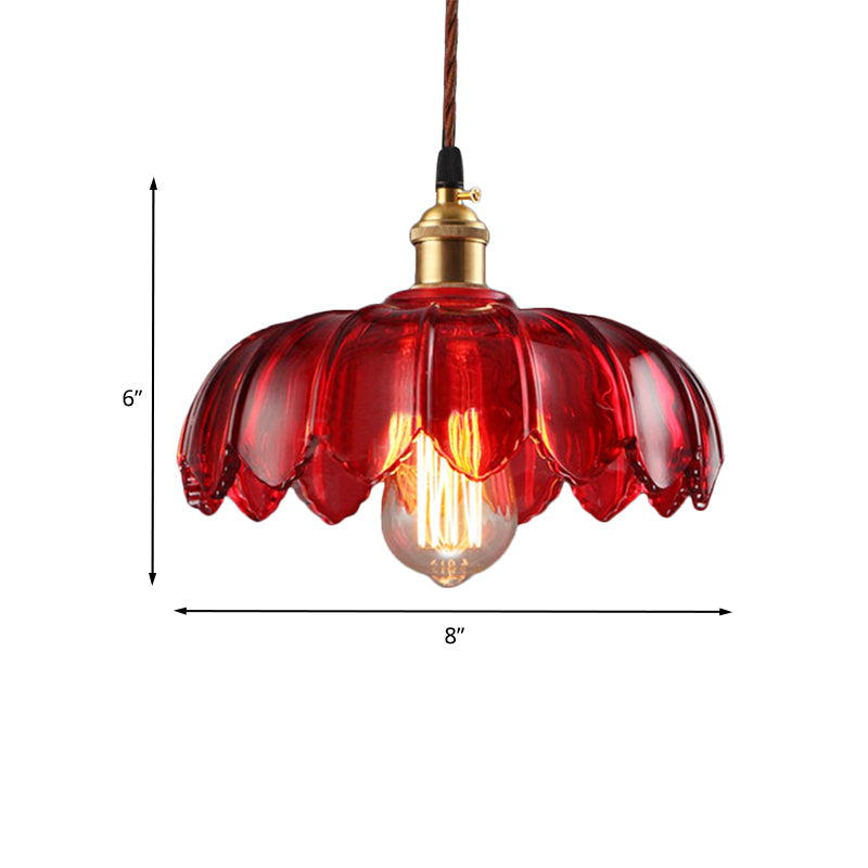 Industrial Scalloped Pendant Lamp - 1 Light Red Glass Hanging Ceiling For Living Room