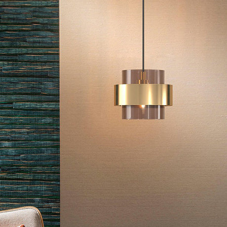 Nordic Cognac Glass Pendant Light With Gold Ring Guard
