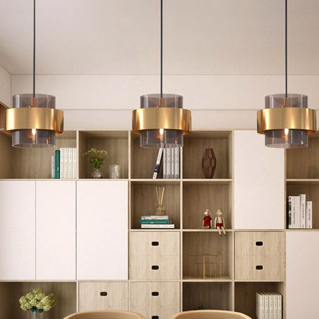 Nordic Cognac Glass Pendant Light With Gold Ring Guard