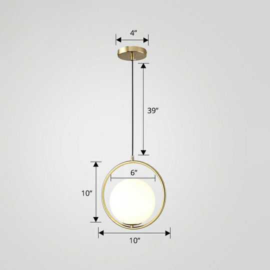 Globe Milky Glass 1-Bulb Pendant Light With Brass Loop – Modern Dining Room Suspension Lamp