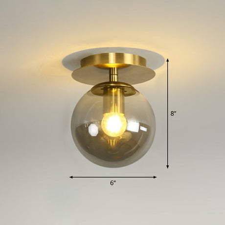 Postmodern Brass 1-Light Semi Flush Mount Ceiling Fixture With Glass Shade For Foyer Smoke Gray