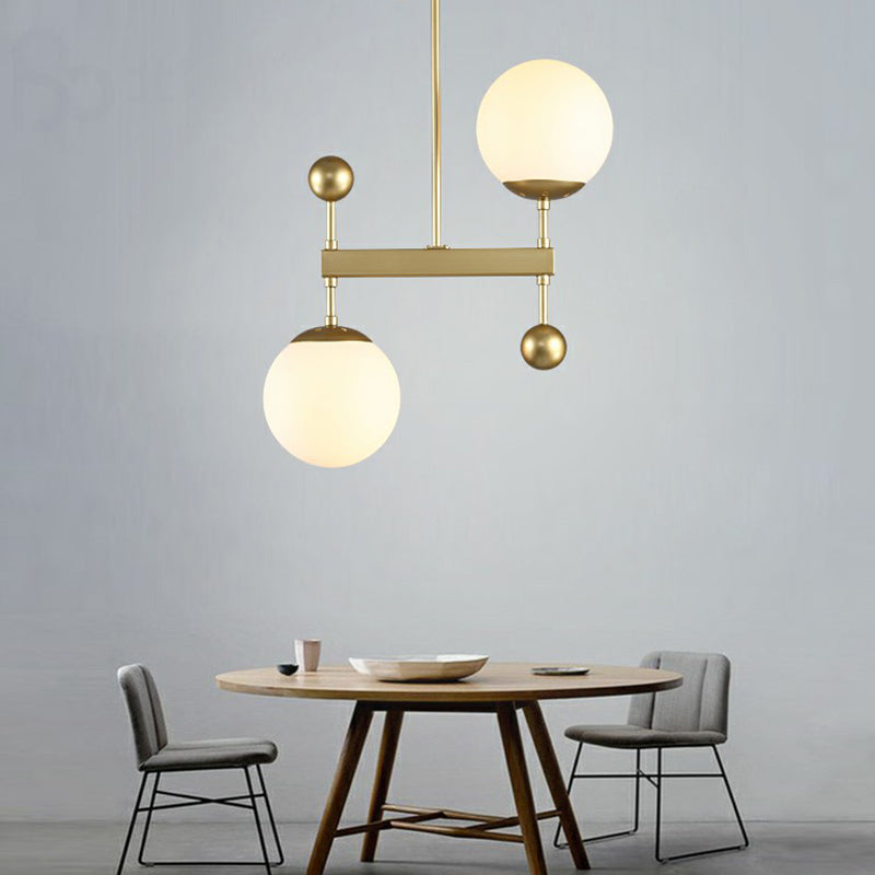 Minimalist Opaline Glass Pendant Chandelier - 2-Head Spherical Light For Dining Room Gold