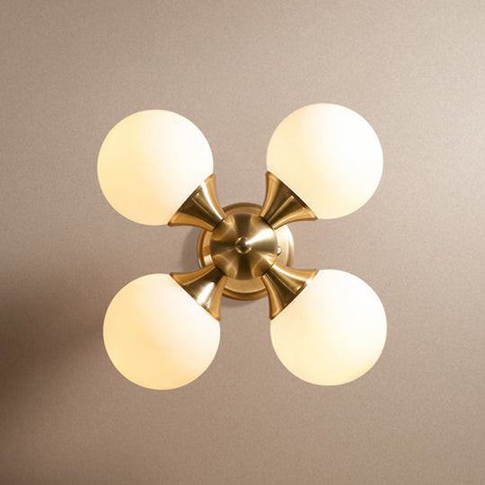 Brass Globe Semi Flush Mount Light With Opal Glass - Postmodern Design For Bedroom