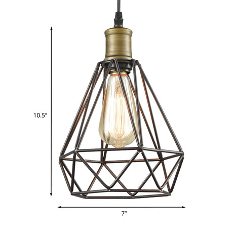 Vintage Diamond Cage Pendant Light - Iron Hanging Lamp In Brass For Living Room