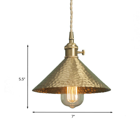 Vintage Brass/Gold Pendant Light With Conical Shade And 1 Bulb