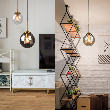 Brass Bedside Pendant Light: Postmodern Blown Glass Sphere | 1-Bulb Hanging Ceiling Fixture