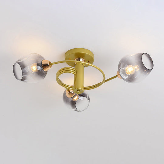 Spiraling Semi Flush Light With Dimpled Glass Shade For Postmodern Ceiling In Bedroom 3 / Gold