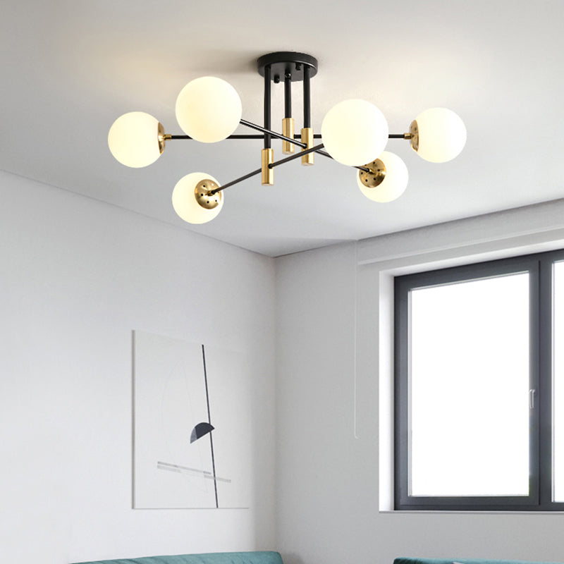Sleek Ivory Glass Ball Flush Ceiling Light In Simple Black - Brass - Semi Mount For Dining Room