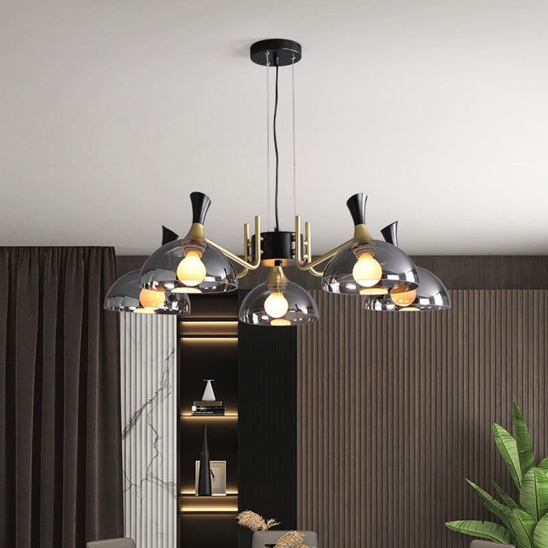 Contemporary Hanging Chandelier With Bowl Shaped Glass And Grip In Black-Brass For Restaurants