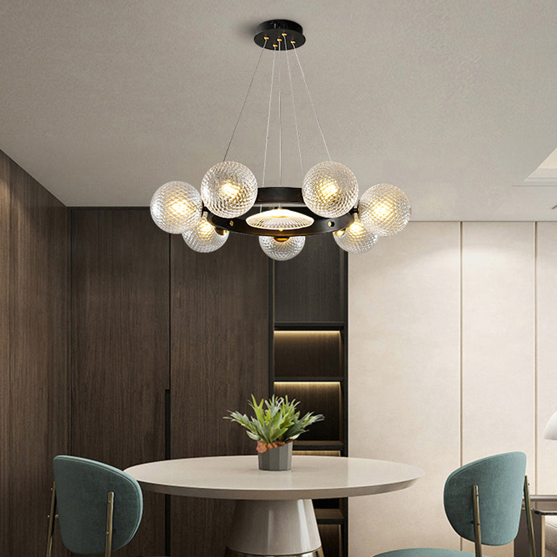 Black Designer Ball Pendant Chandelier With Clear Lattice Glass - Restaurant Hanging Light