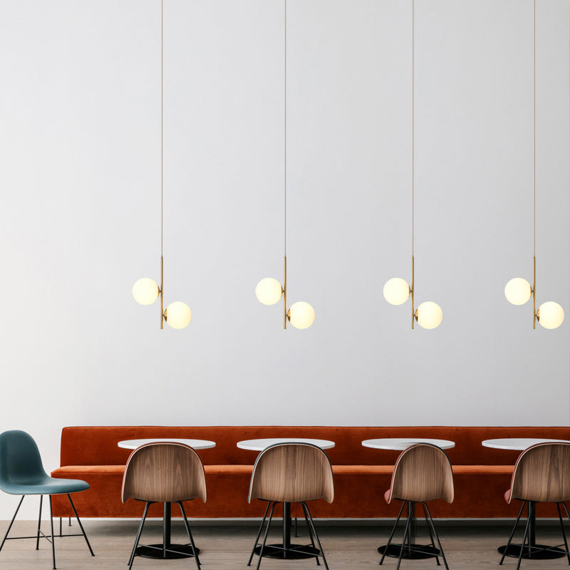 Minimalist Gold Suspension Chandelier: Opaque Glass Spherical 2-Head Light For Dining Room