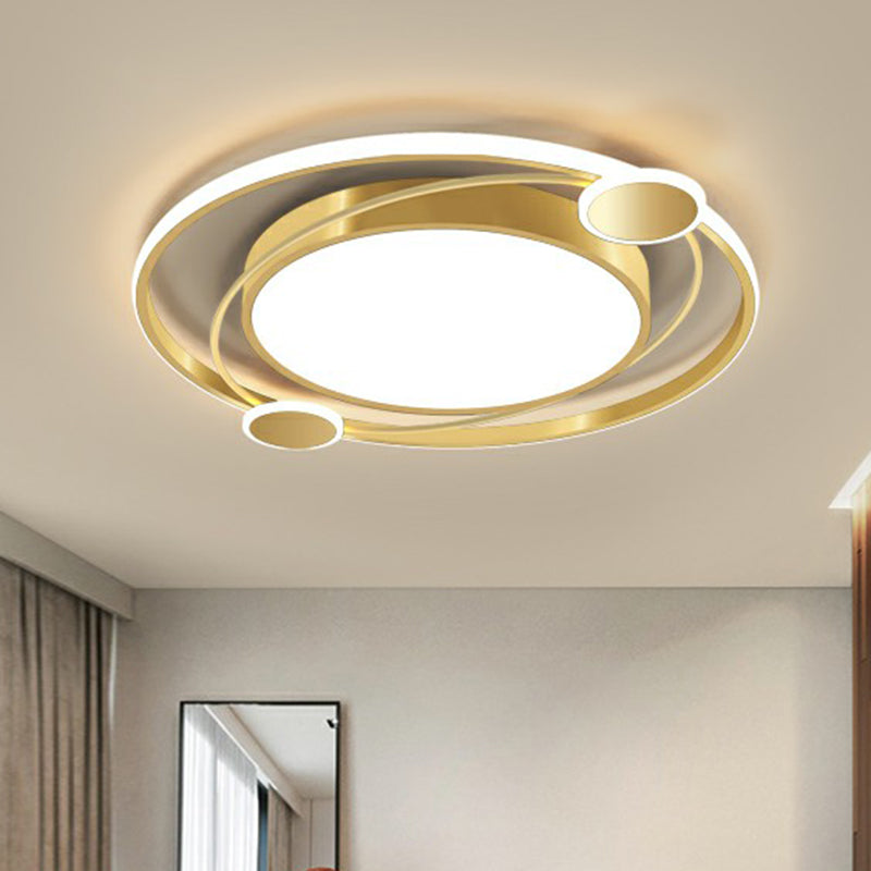 Gold Finish Led Ceiling Mount Lamp - Metal Circular Flush Light For Bedroom