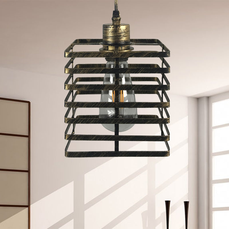 Aged Brass Pendant Ceiling Light With Vintage Cage Shade - 1 Restaurant Lamp Antique / Square