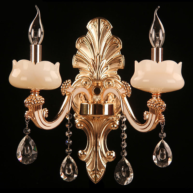 Faux Jade Candle Wall Sconce - Traditional 2-Light Gold Bedroom Lamp With Crystal Deco