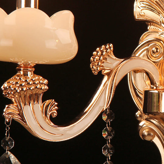 Faux Jade Candle Wall Sconce - Traditional 2-Light Gold Bedroom Lamp With Crystal Deco