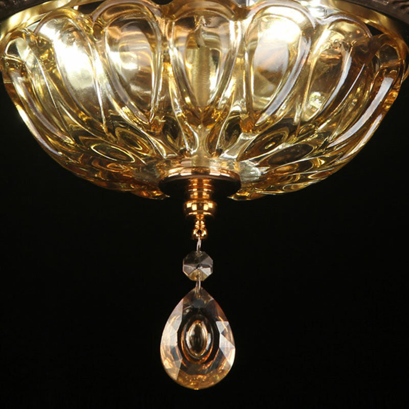 Retro Amber Glass Flush Mount Ceiling Light With Crystal Drop - 3 - Light Bowl Fixture
