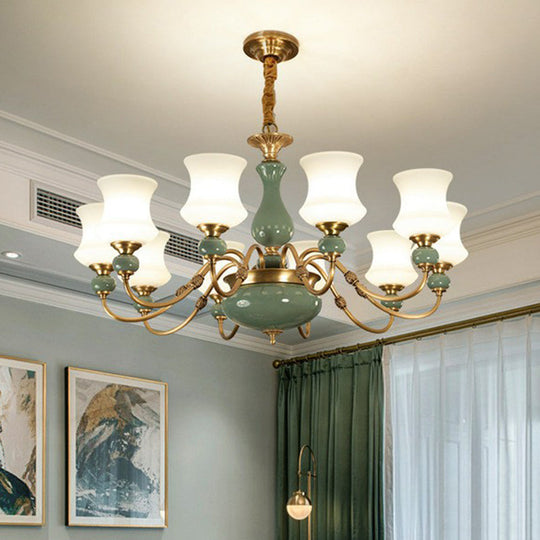 Emerald Green-Gold Retro Vase Chandelier: Opal Frosted Glass Pendant Light For Dining Room