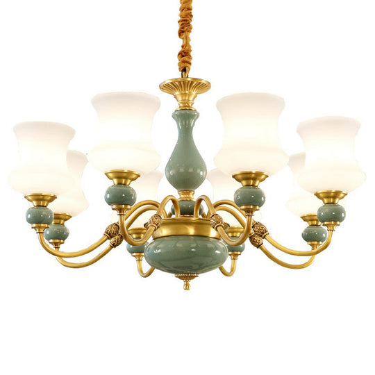 Emerald Green-Gold Retro Vase Chandelier: Opal Frosted Glass Pendant Light For Dining Room