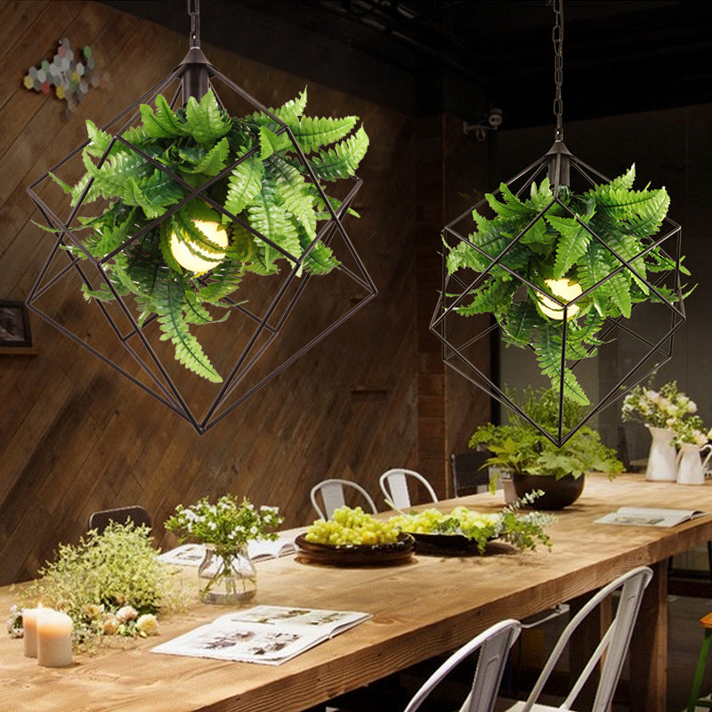 Geometric Cage Pendant Light With Leaf Accents - Industrial Restaurant Suspension Lamp