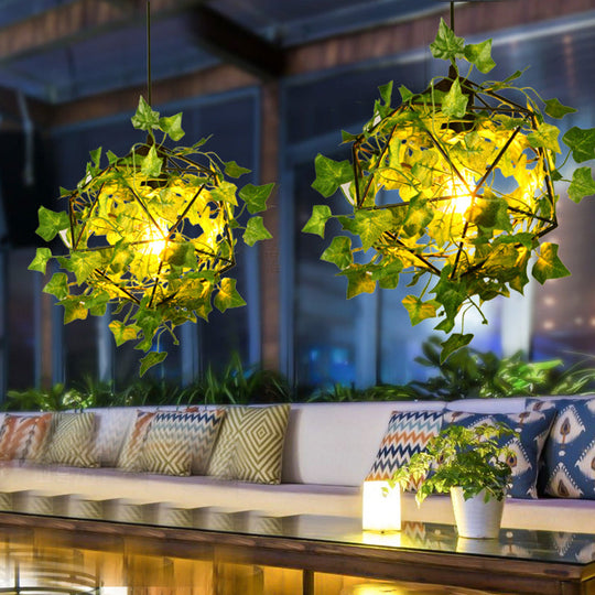 Geometric Cage Pendant Light With Leaf Accents - Industrial Restaurant Suspension Lamp