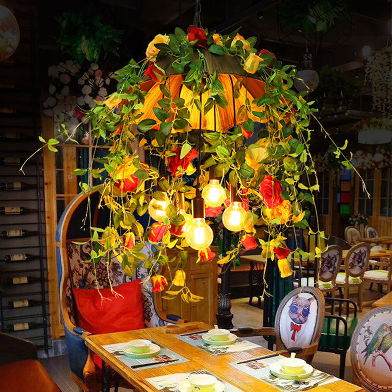 Rustic Metal Dome Chandelier - Orange 5-Bulb Pendant Lighting With Artful Floral And Leaf Design