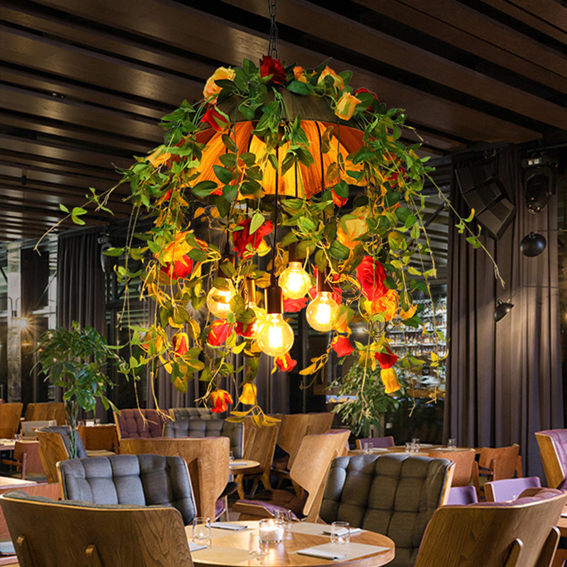 Rustic Metal Dome Chandelier - Orange 5-Bulb Pendant Lighting With Artful Floral And Leaf Design