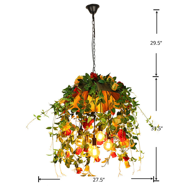 Rustic Metal Dome Chandelier - Orange 5-Bulb Pendant Lighting With Artful Floral And Leaf Design