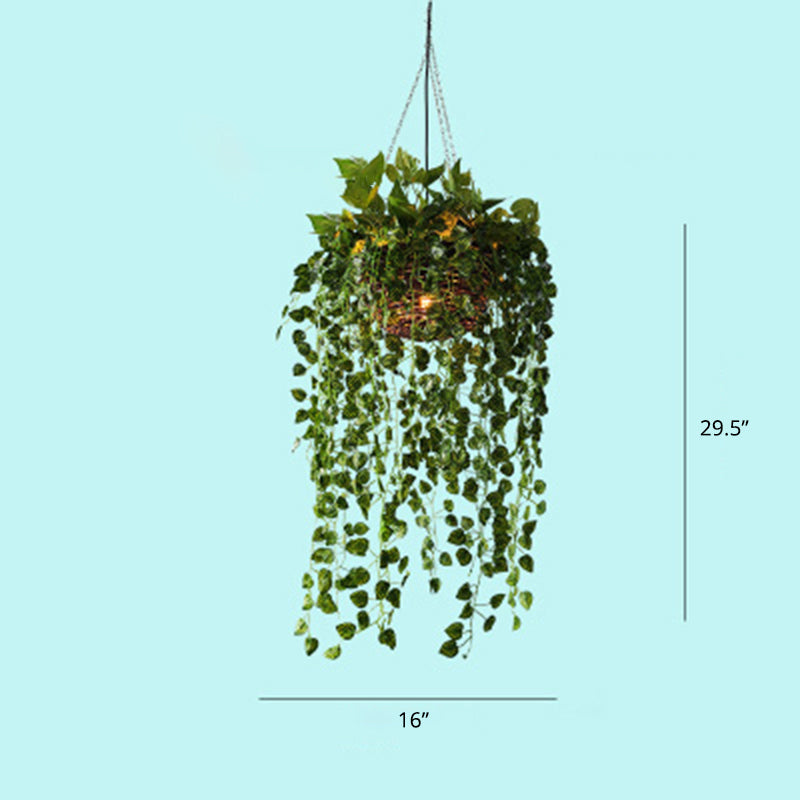 Industrial Metal Restaurant Chandelier With Artificial Plants - Suspended Lighting Green
