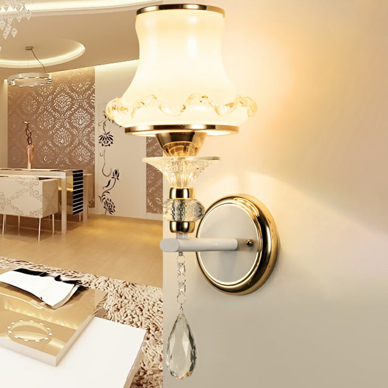 Vintage Frosted Glass Flared Wall Sconce With Crystal Accents For Living Room