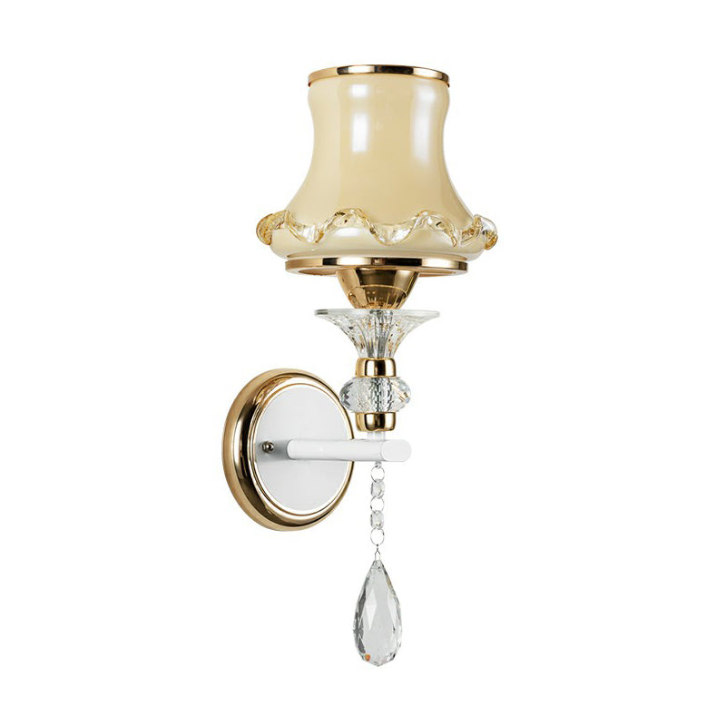 Vintage Frosted Glass Flared Wall Sconce With Crystal Accents For Living Room