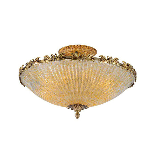 Brass Semi - Flush Antiqued Bowl Light With Clear Variegated Glass / 16.5’