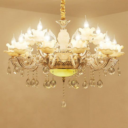 Classic White Faux Candle Chandelier For Living Room With Frosted Glass Pendant And Crystal Décor 18
