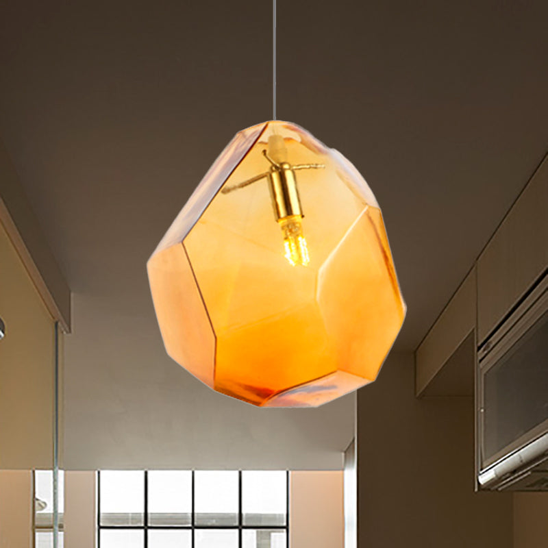 Contemporary Glass Pendant Light - Faceted Grey/Orange/Purple 1-Light Led Hanging Lamp For Dining