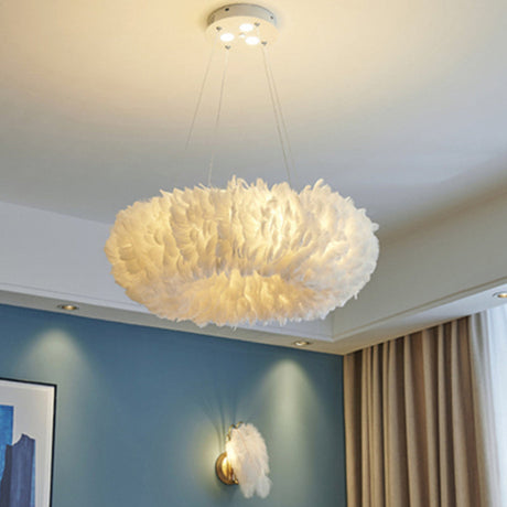 White Feather Ring Pendant Light - Modern Bedroom Chandelier