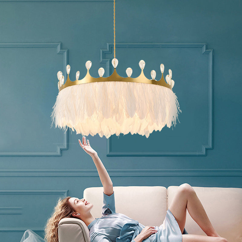 Gold Crown Chandelier: Artistic Feather Suspension Light with Crystal Deco Gold / 14’’