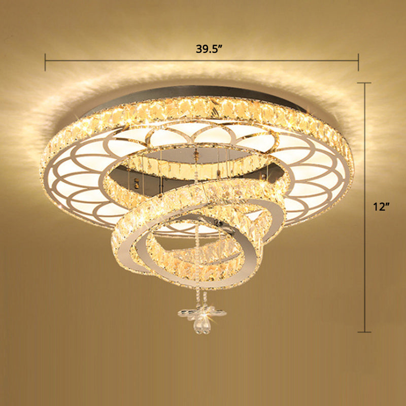 Contemporary Crystal Led Silver Rings Flush Mount Ceiling Light - Ideal For Bedroom / 39.5’ Round