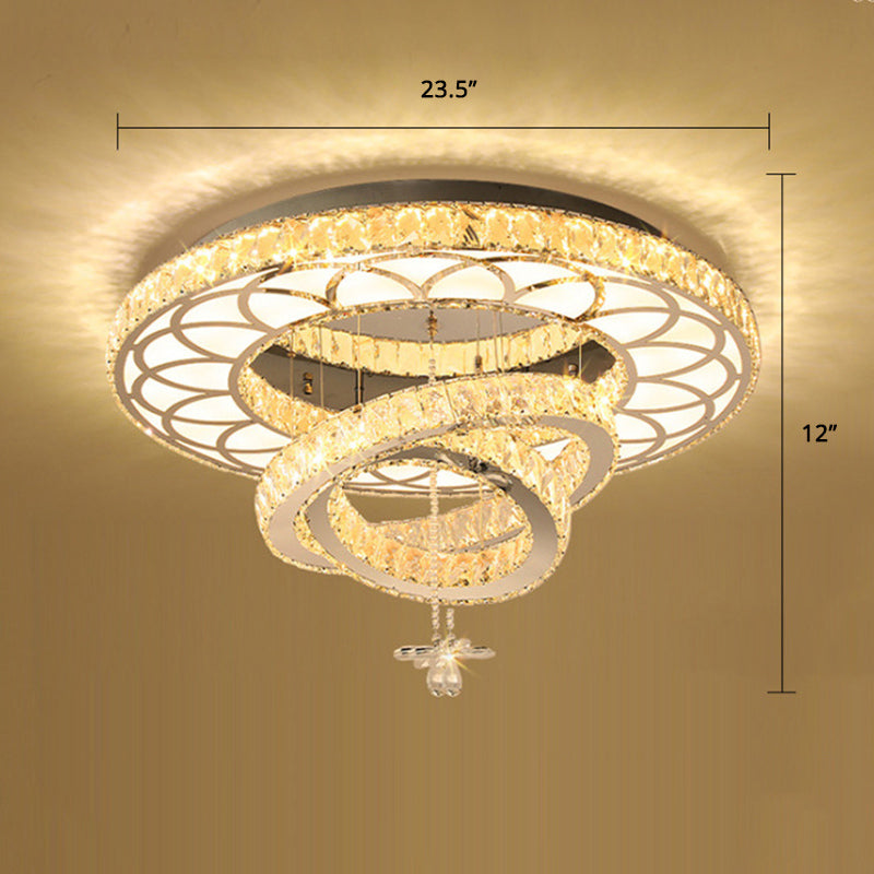 Contemporary Crystal Led Silver Rings Flush Mount Ceiling Light - Ideal For Bedroom / 23.5’ Round