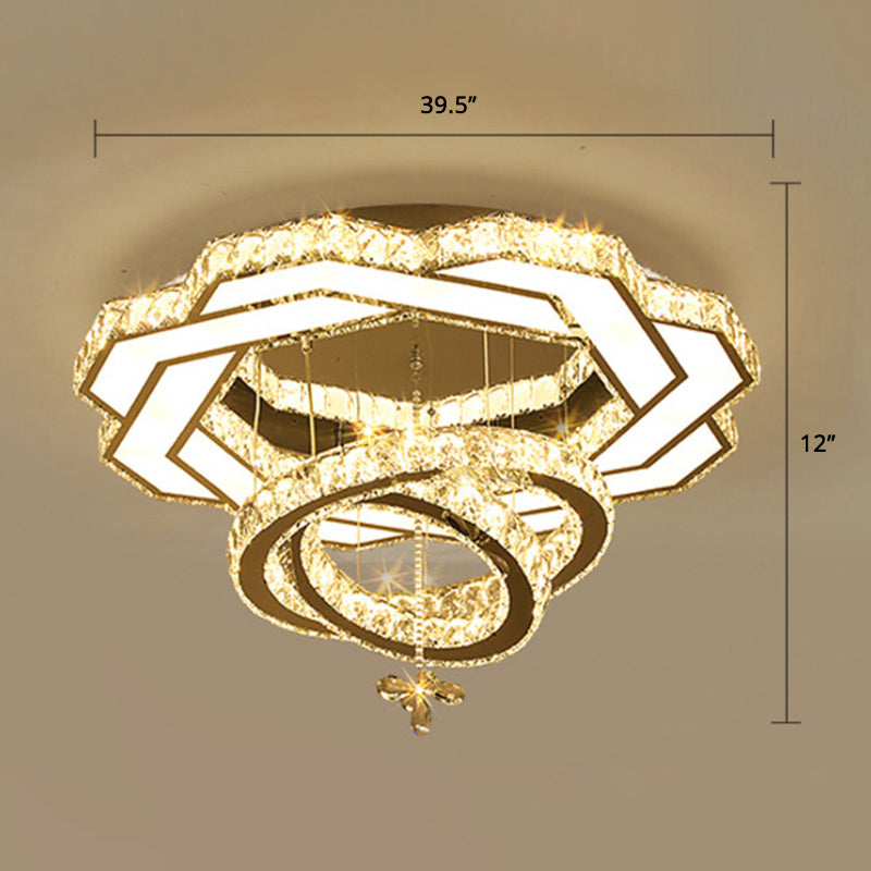 Contemporary Crystal Led Silver Rings Flush Mount Ceiling Light - Ideal For Bedroom / 39.5’ Flower