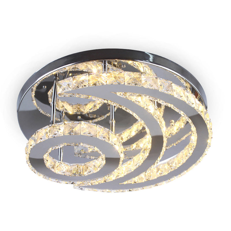 Modern Beveled Crystal Crescent & Sun Ceiling Light - Silver Semi Flush Mount For Bedrooms