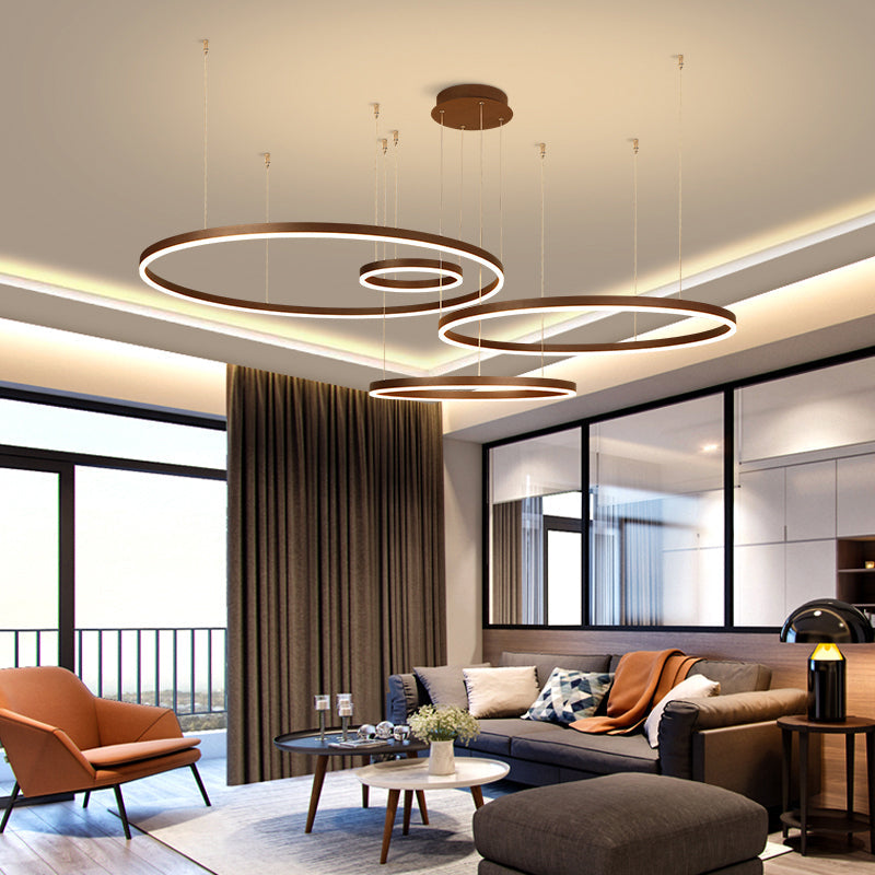 Artistic Led Aluminum Chandelier - Loop Shaped Coffee Hanging Light For Living Room