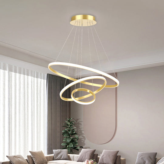 Aluminum Led Chandelier: Outer Glowing Ring Shaped Hanging Light For Restaurants Gold / 3 Tiers