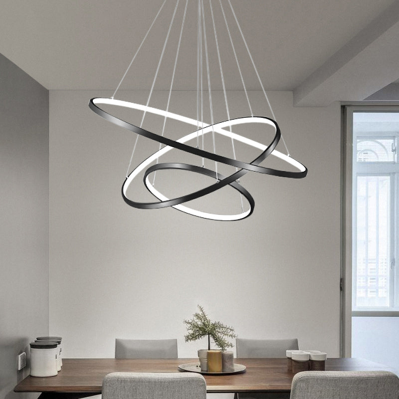 Adjustable Ring Led Pendant Light: Sleek Black Chandelier For Dining Room