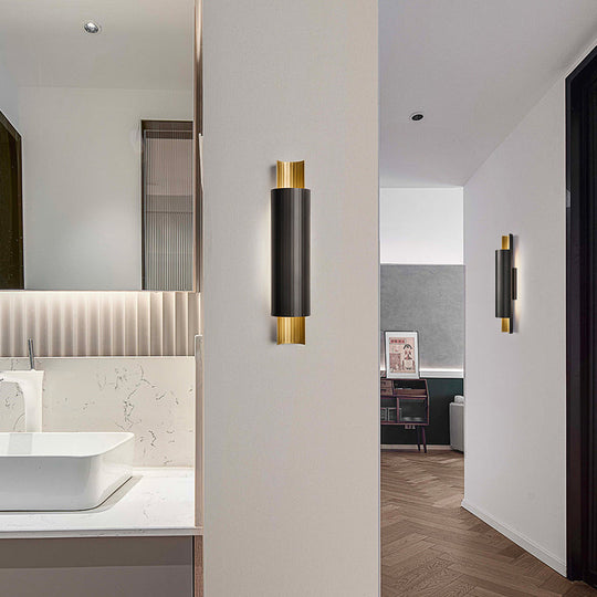 Led Wall Mount Sconce - Pipe Shaped Postmodern Metal Bedside Lighting In Black And Gold