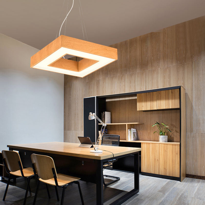 Modern Metal Led Chandelier - Light Wood Square Suspension For Offices