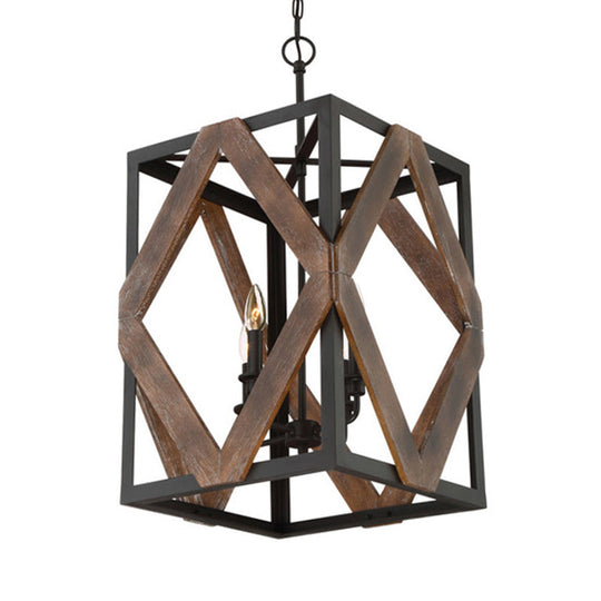Lodge Style Black Metal Pendant Light With Wooden Rhombus Accents - 4-Light Rectangle Cage Hanging