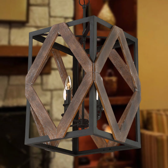 Lodge Style Black Metal Pendant Light With Wooden Rhombus Accents - 4-Light Rectangle Cage Hanging