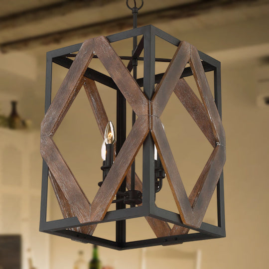 Lodge Style Black Metal Pendant Light With Wooden Rhombus Accents - 4-Light Rectangle Cage Hanging