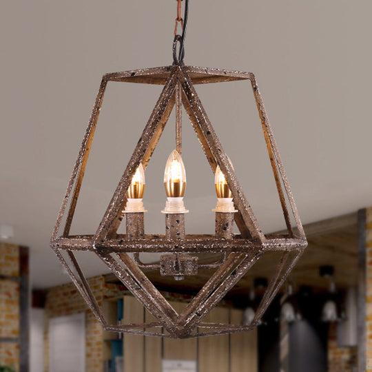 Metal Prismatic Cage Pendant Lamp: Rustic Stylish 3-Heads Chandelier Light Fixture With Adjustable